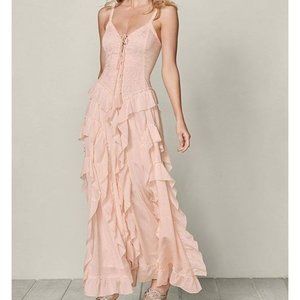 VENUS Lace Up Ruffle Maxi Dress Pink sz L Women's